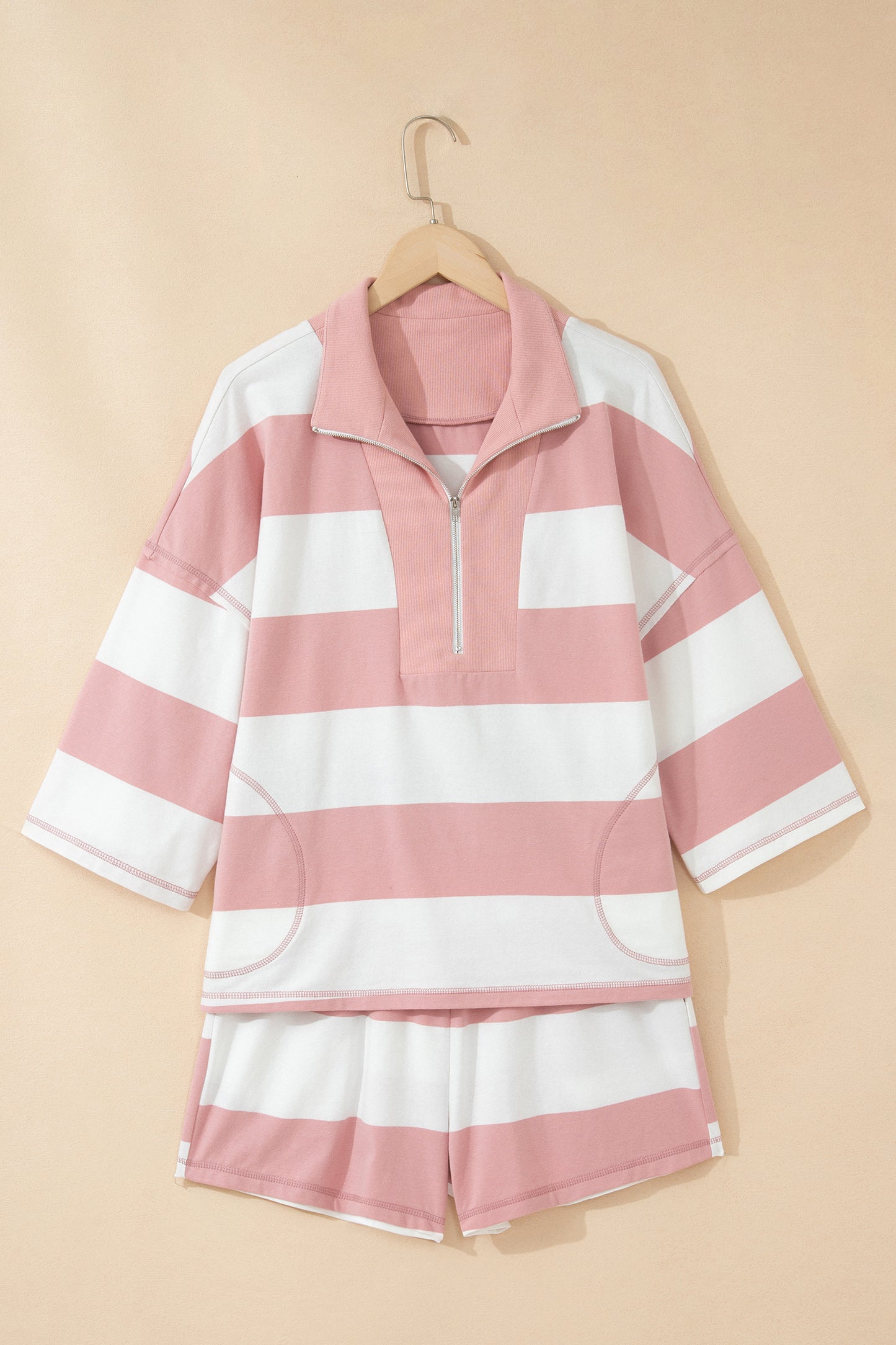 Stripe Half Zip 3/4 Sleeve Top & Shorts Set