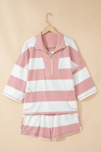 Stripe Half Zip 3/4 Sleeve Top & Shorts Set