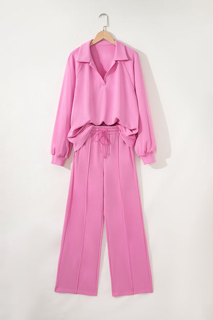 Solid V-Neck Pullover and Drawstring Sweatpants Set