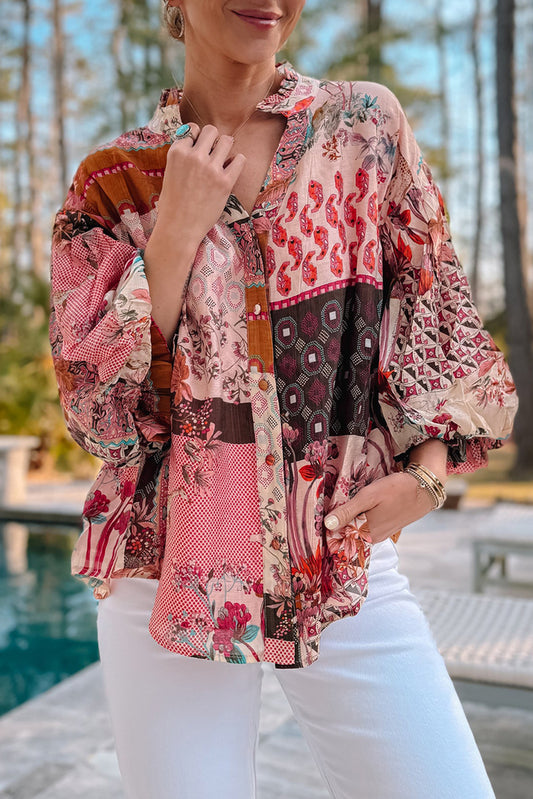 Boho Patchwork Bubble Sleeve Shirt