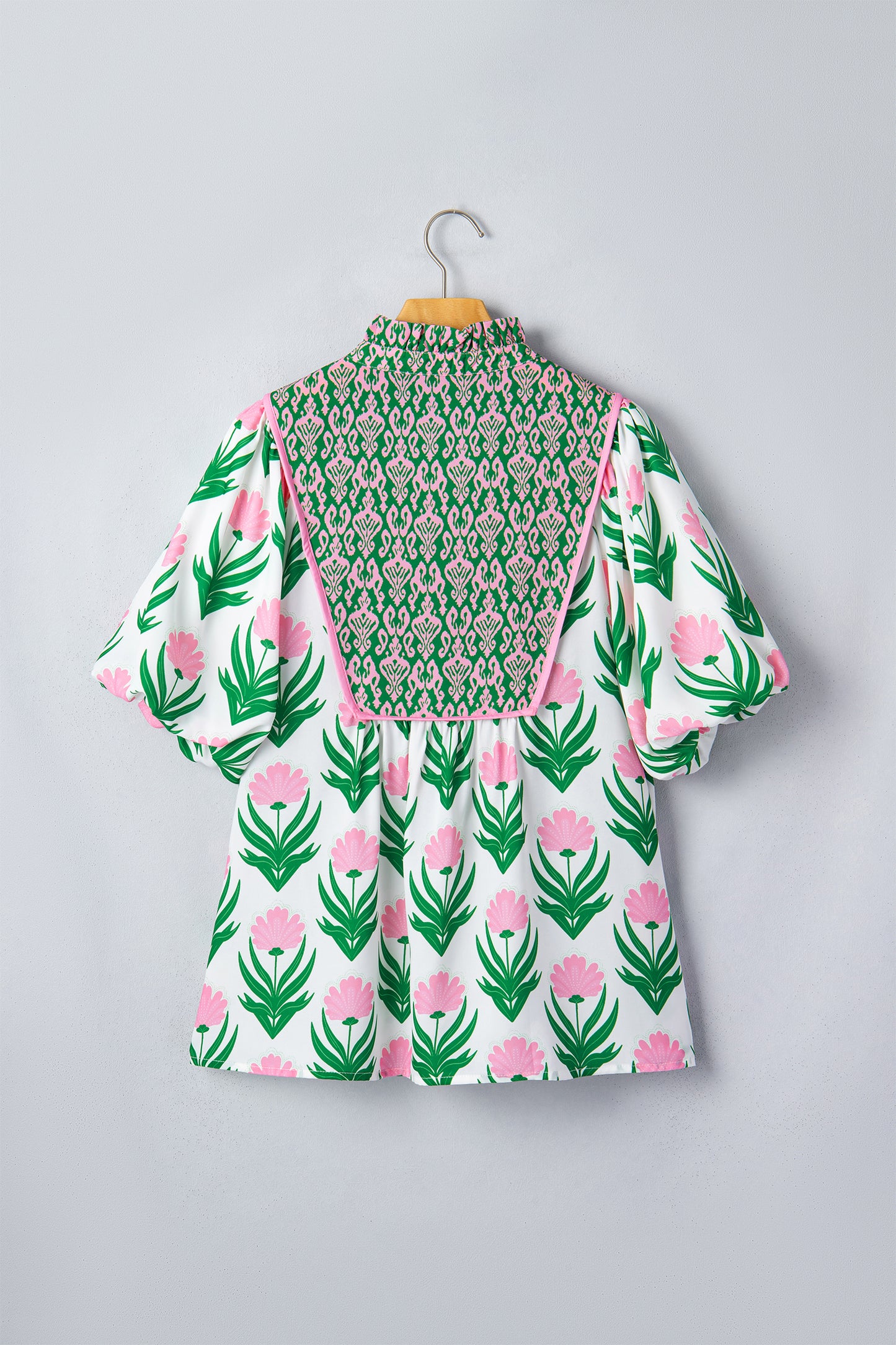 Floral Puff Sleeve Contrast V-Neck Blouse
