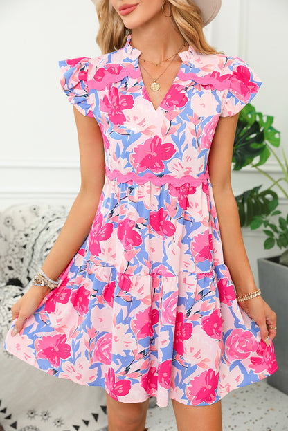 Floral Ric-Rac Flutter Sleeve V-Neck Dress