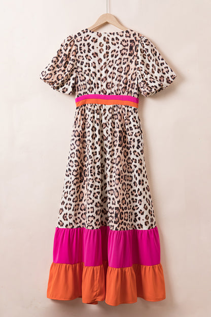 Leopard Colorblock Bubble Sleeve Maxi Dress