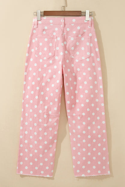 Polka Dot Denim Raw Hem Barrel Jeans