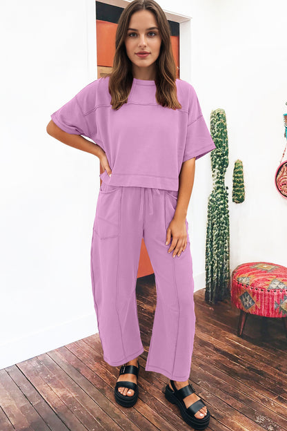 Solid Drop Shoulder Boxy Tee & Barrel Pants Set
