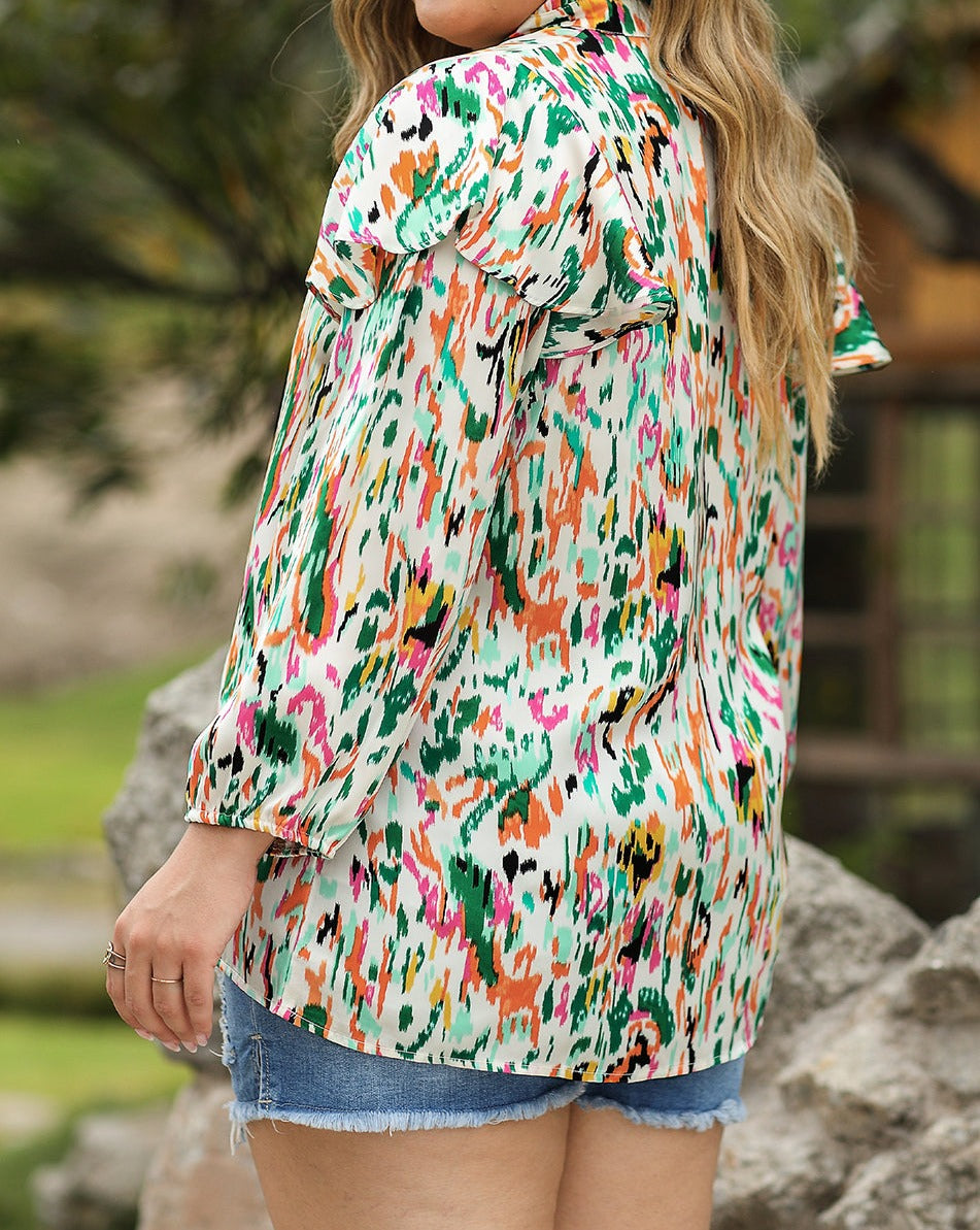 Abstract Ruffle V-Neck Blouse Plus Size