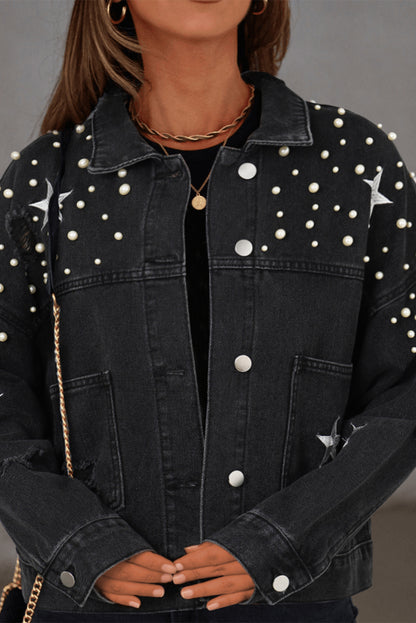 Denim Pearl Distressed Cropped Jacket