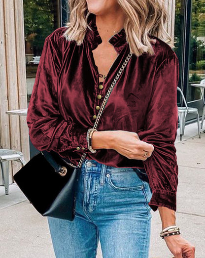 Velvet Frilled Neck Buttoned Top