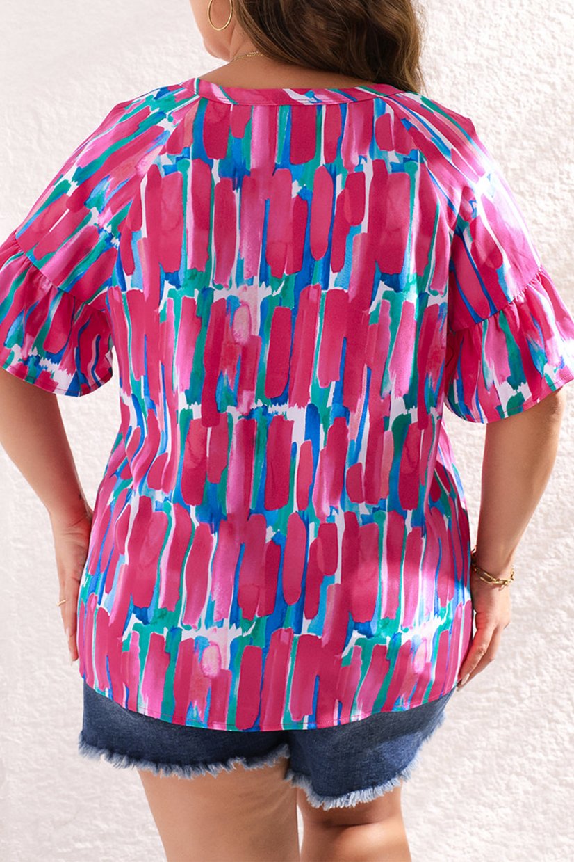 Abstract Ruffle Sleeve Buttoned Blouse Plus Size