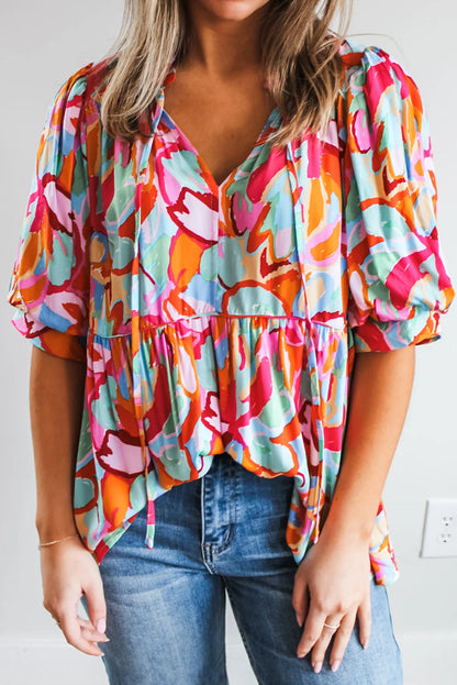 Abstract Puff Sleeve V-Neck Blouse