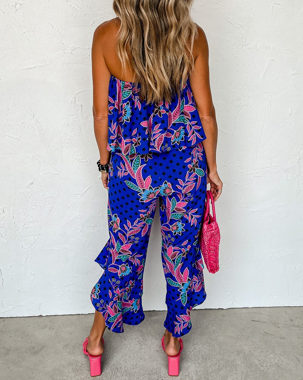 Tropical Strapless Ruffle Jumpsuit