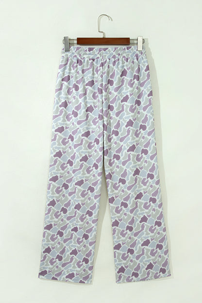 Camo Drawstring High Waist Wide Leg Pants