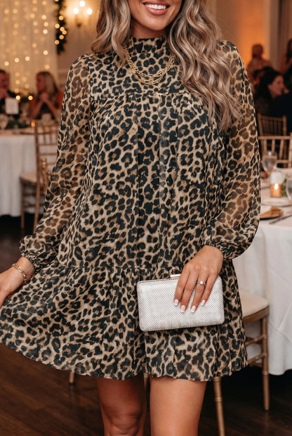 Leopard Long Sleeve Shift Mini Dress
