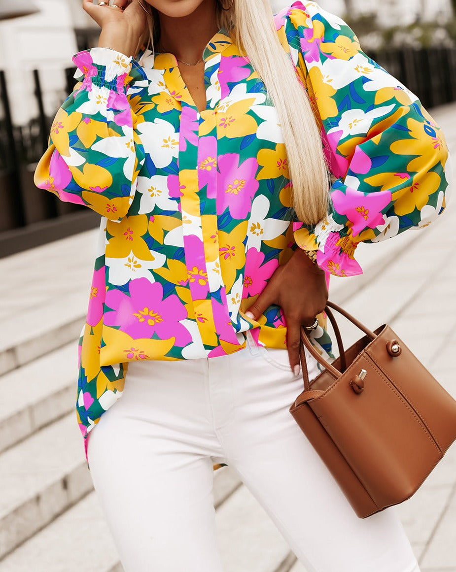 Floral V-Neck Lantern Sleeve Blouse