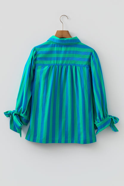 Stripe Tie Puff Sleeve Button Down Shirt