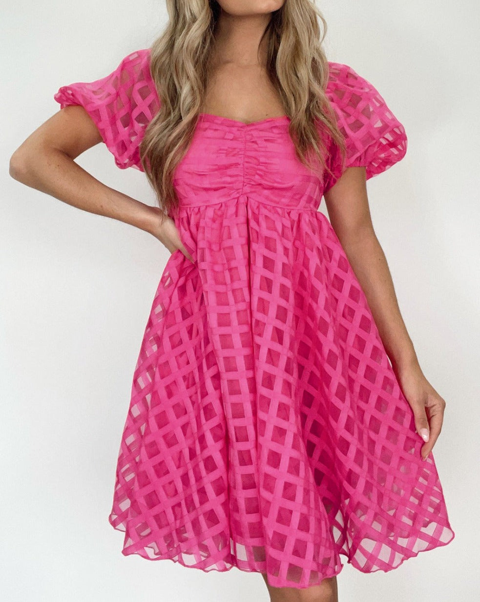 Checker Puff Sleeve Babydoll Dress