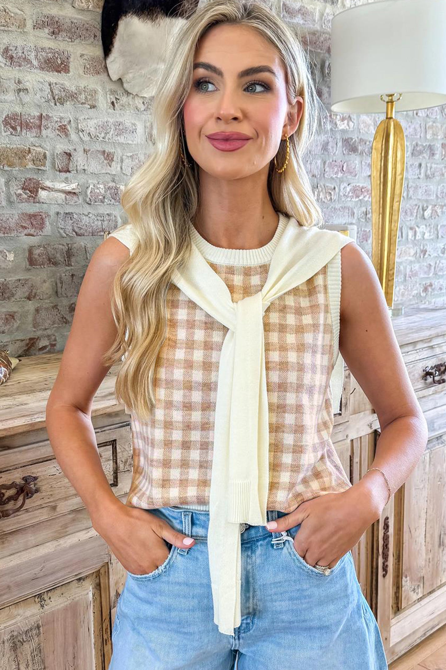 Gingham Detachable Shawl Wrap Sweater Tank
