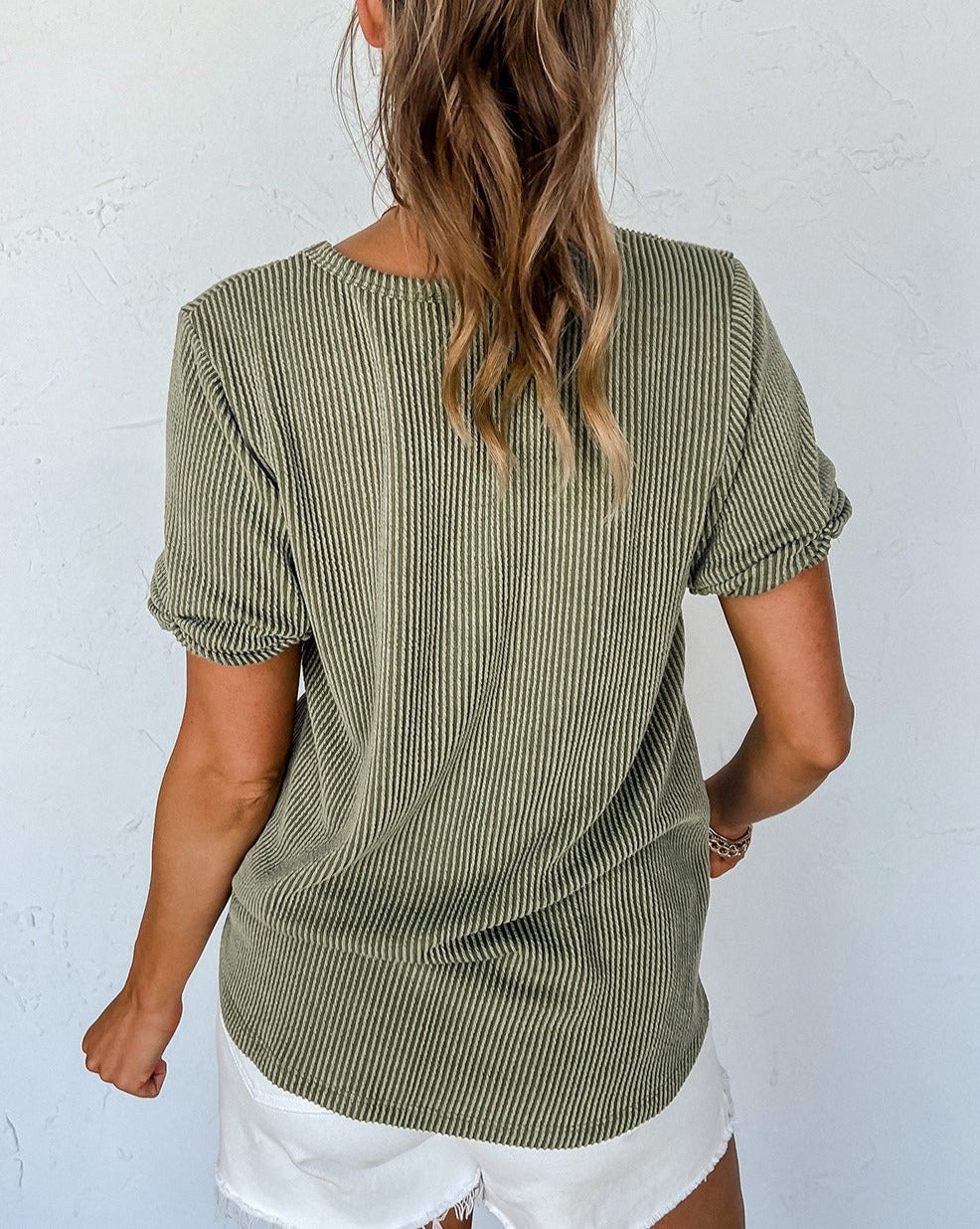 Ribbed Short Sleeve Pocketed Top