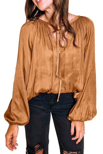 Satin Pleated Tied Neck Blouse