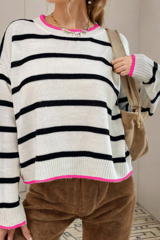 Stripe Contrast Trim Crewneck Sweater