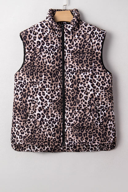 Leopard Quilted Sleeveless Zip Up Puffer Vest