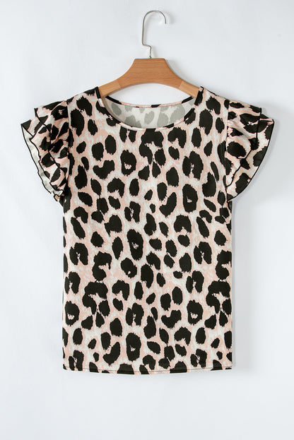 Leopard Ruffle Short Sleeve Blouse