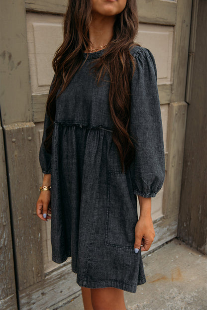 Denim Chambray Puff Sleeve Dress