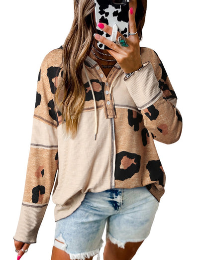 Leopard Ribbed Patchwork Hooded Top