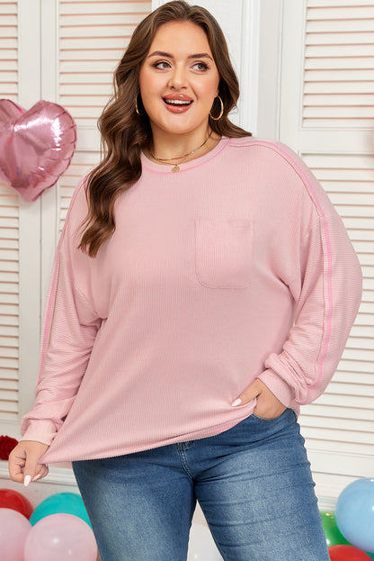 Plus Size Solid Ribbed Reverse Seam Chest Pocket Top