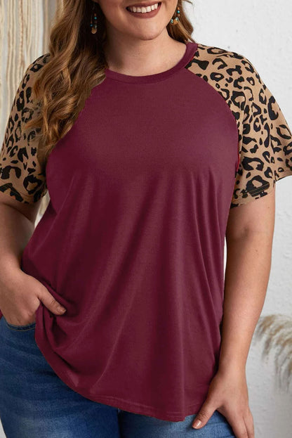 Leopard Colorblock Raglan Sleeve T-Shirt Plus Size