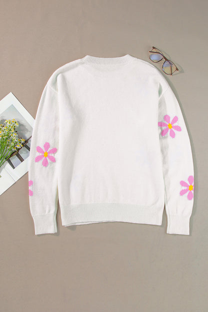 Floral Ribbed Trim Crewneck Sweater