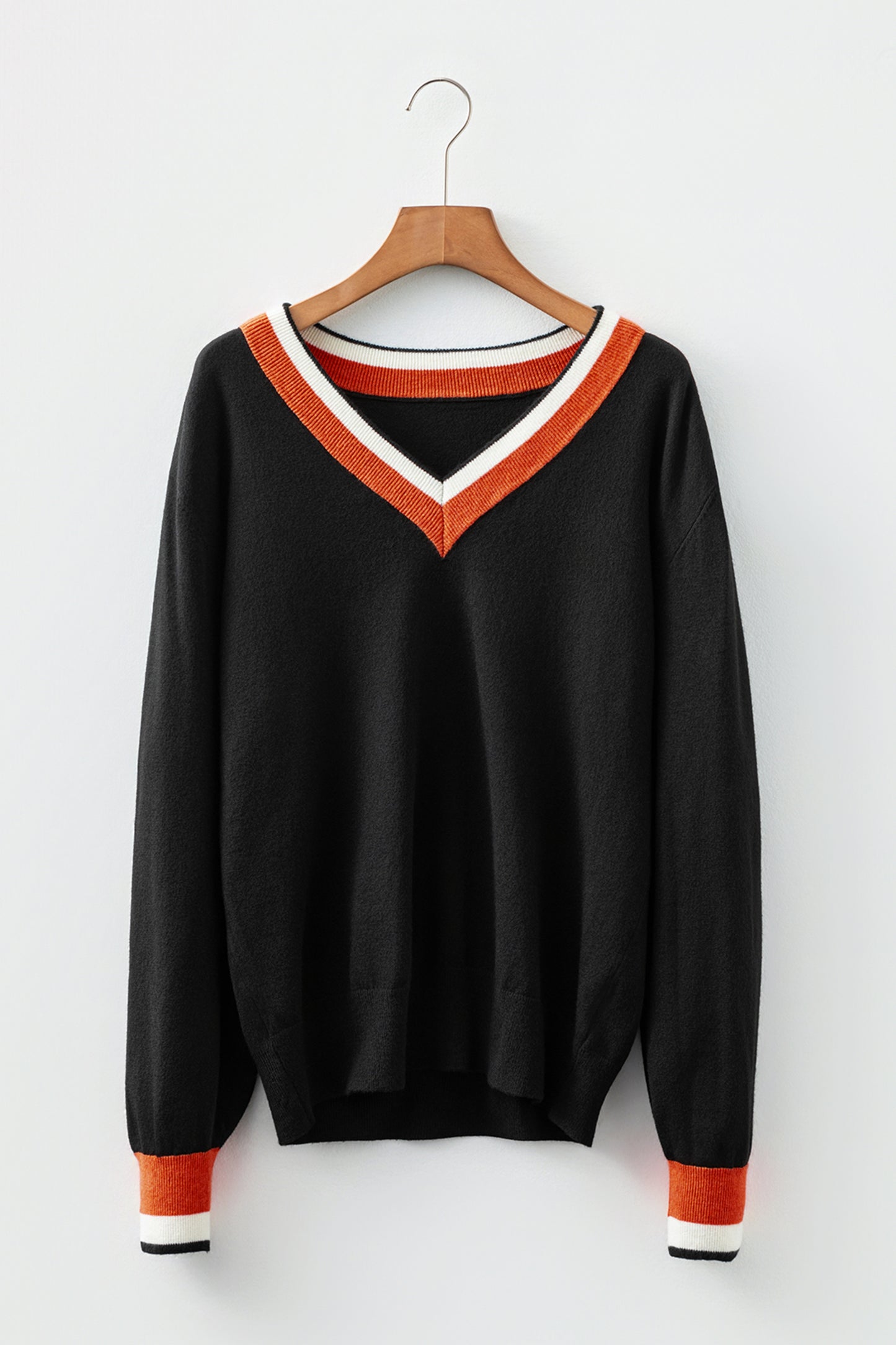 Varsity Stripe Contrast Trim V-Neck Sweater