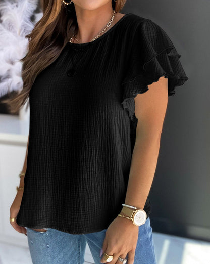 Crinkle Gauze Flutter Sleeve Blouse