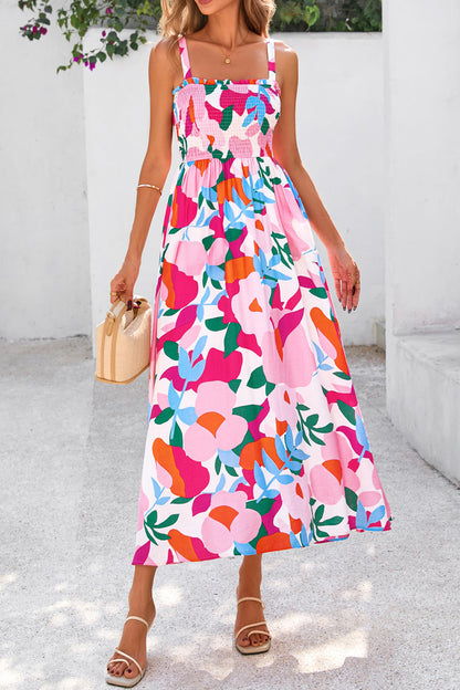 Abstract Floral Smocked High Waist Maxi Sundress