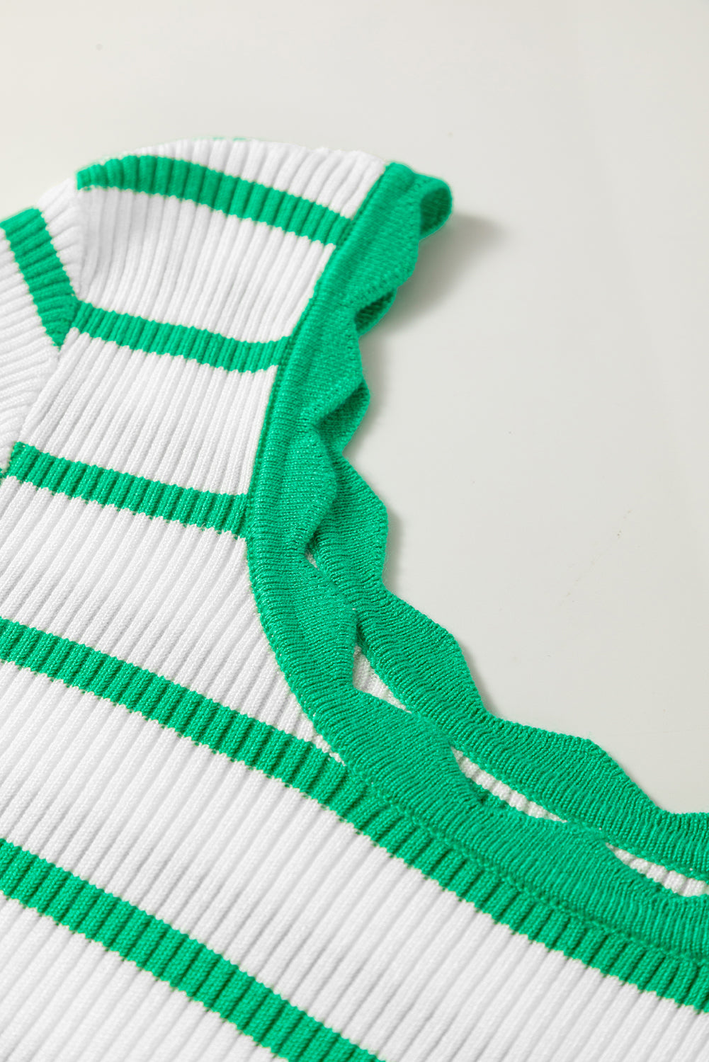 Stripe Scalloped Scoop Neck Ribbed Knit Sweater