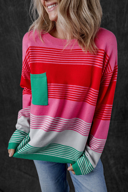 Stripe Pocketed Drop Shoulder Sweater