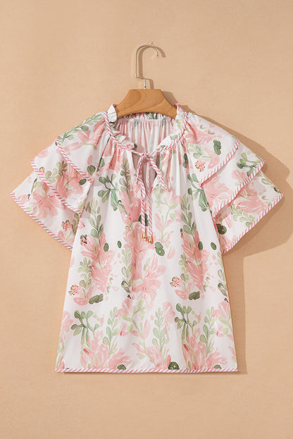 Floral Stripe Tiered Ruffle Sleeve V-Neck Blouse