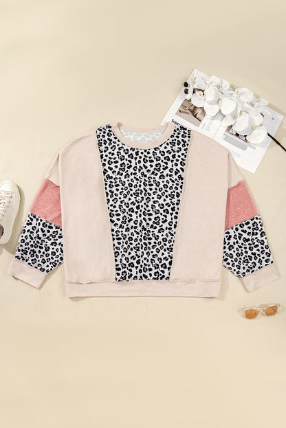 Plus Size Leopard Colorblock Patchwork Reverse Stitch Top