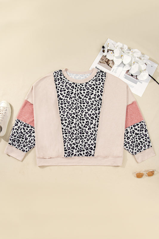 Plus Size Leopard Colorblock Patchwork Reverse Stitch Top