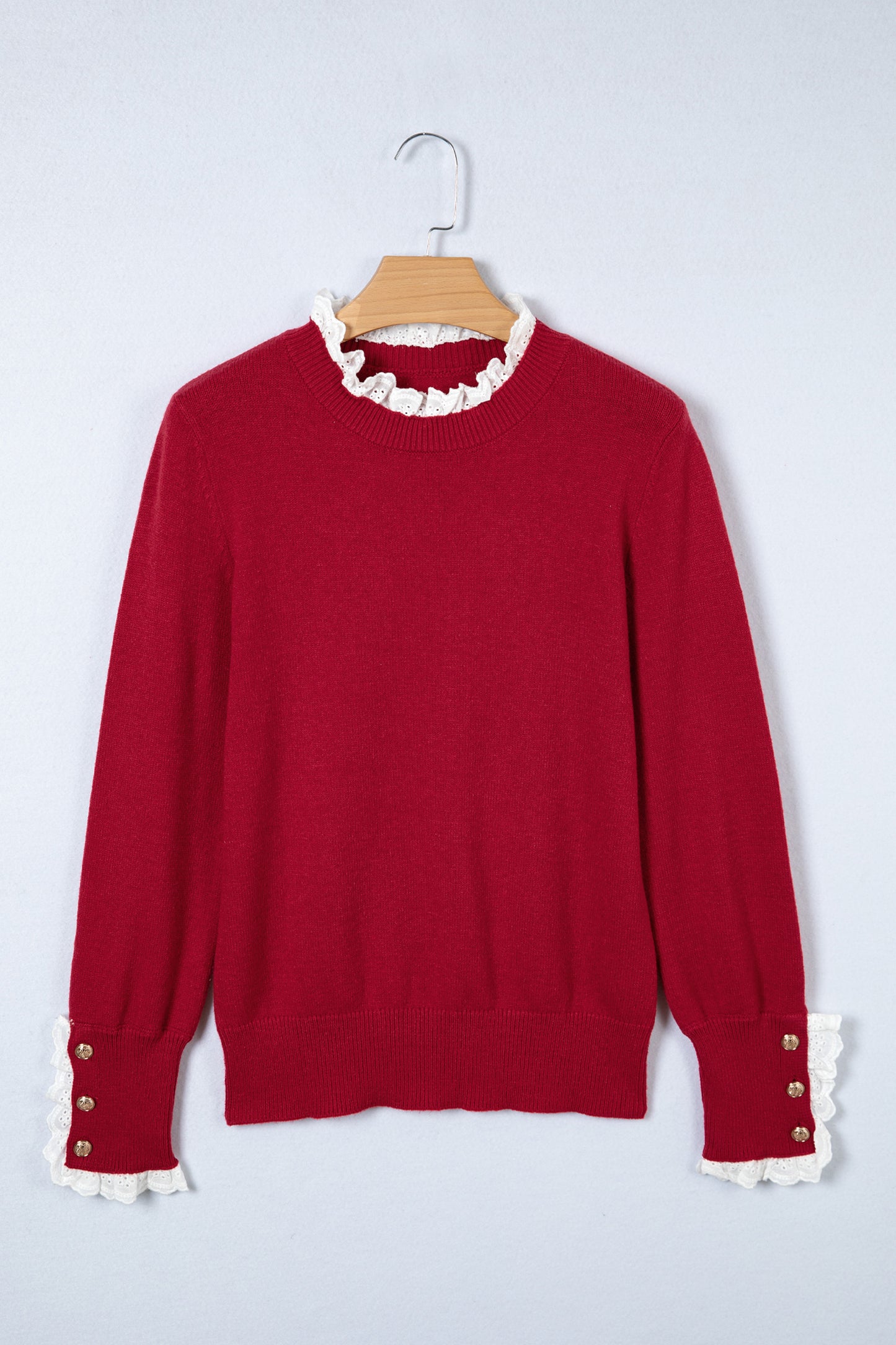 Lace Trim Patchwork Buttoned Cuff Sweater
