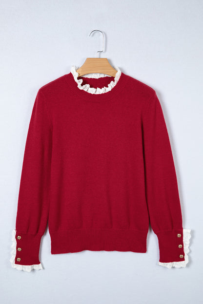 Lace Trim Patchwork Buttoned Cuff Sweater