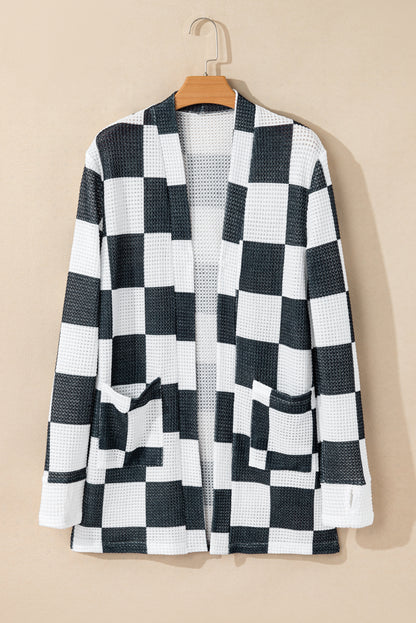 Checker Waffle Knit Open Front Cardigan