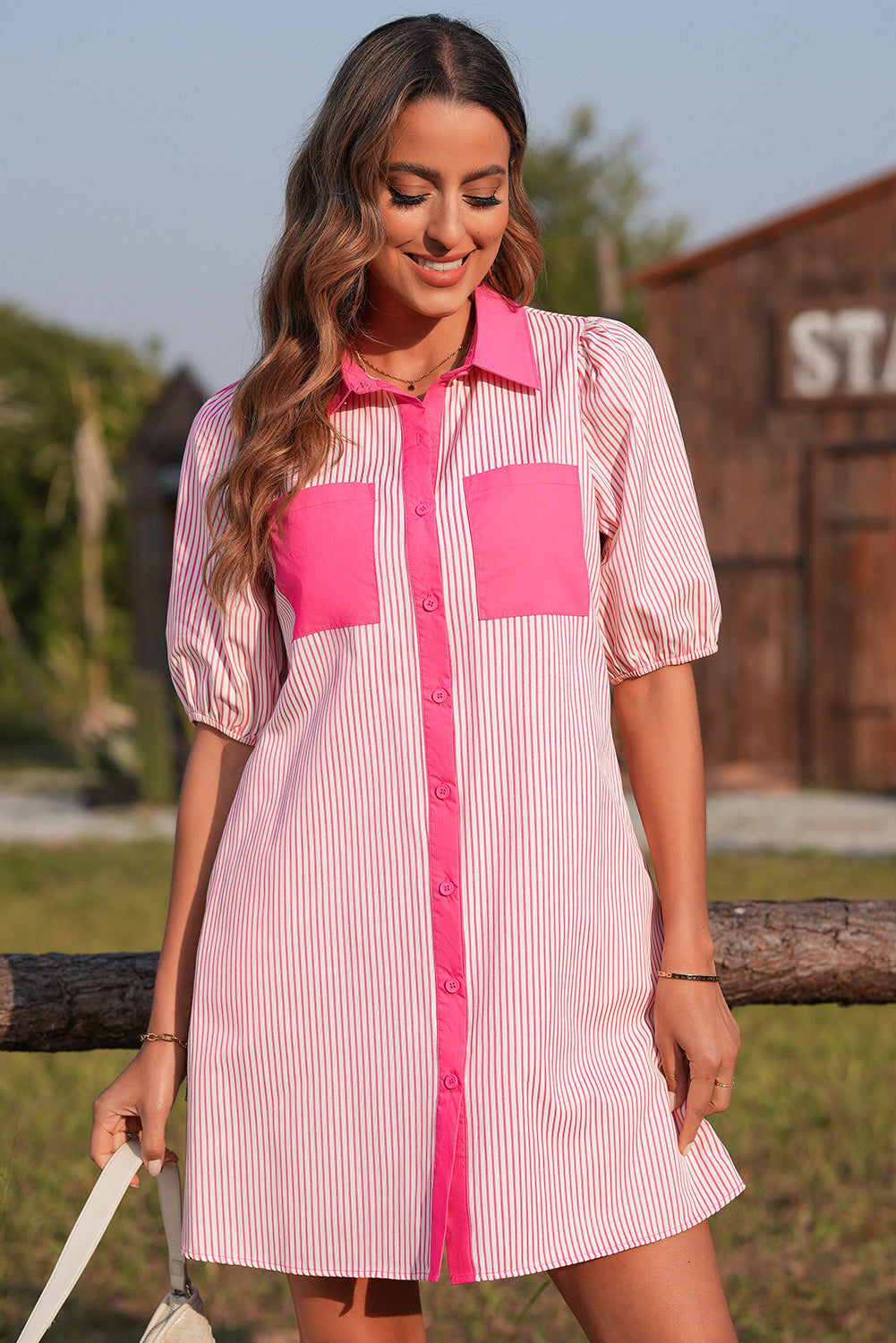 Stripe Patchwork Chest Pocket Mini Shirt Dress