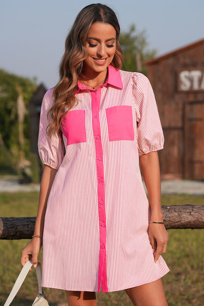 Stripe Patchwork Chest Pocket Mini Shirt Dress