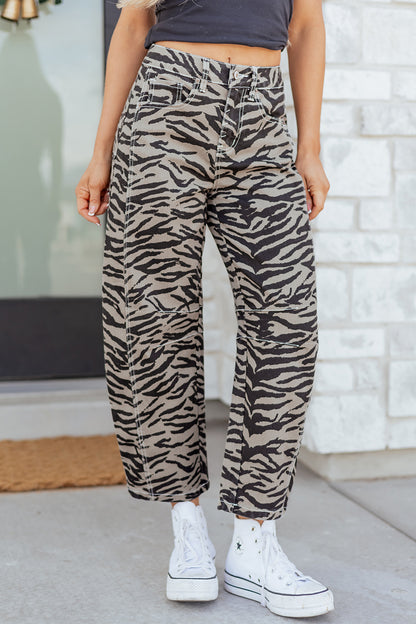 Zebra Stripe Denim Wide Barrel Leg Jeans