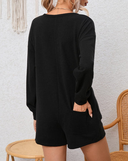 Ribbed V-Neck Long Sleeve Romper