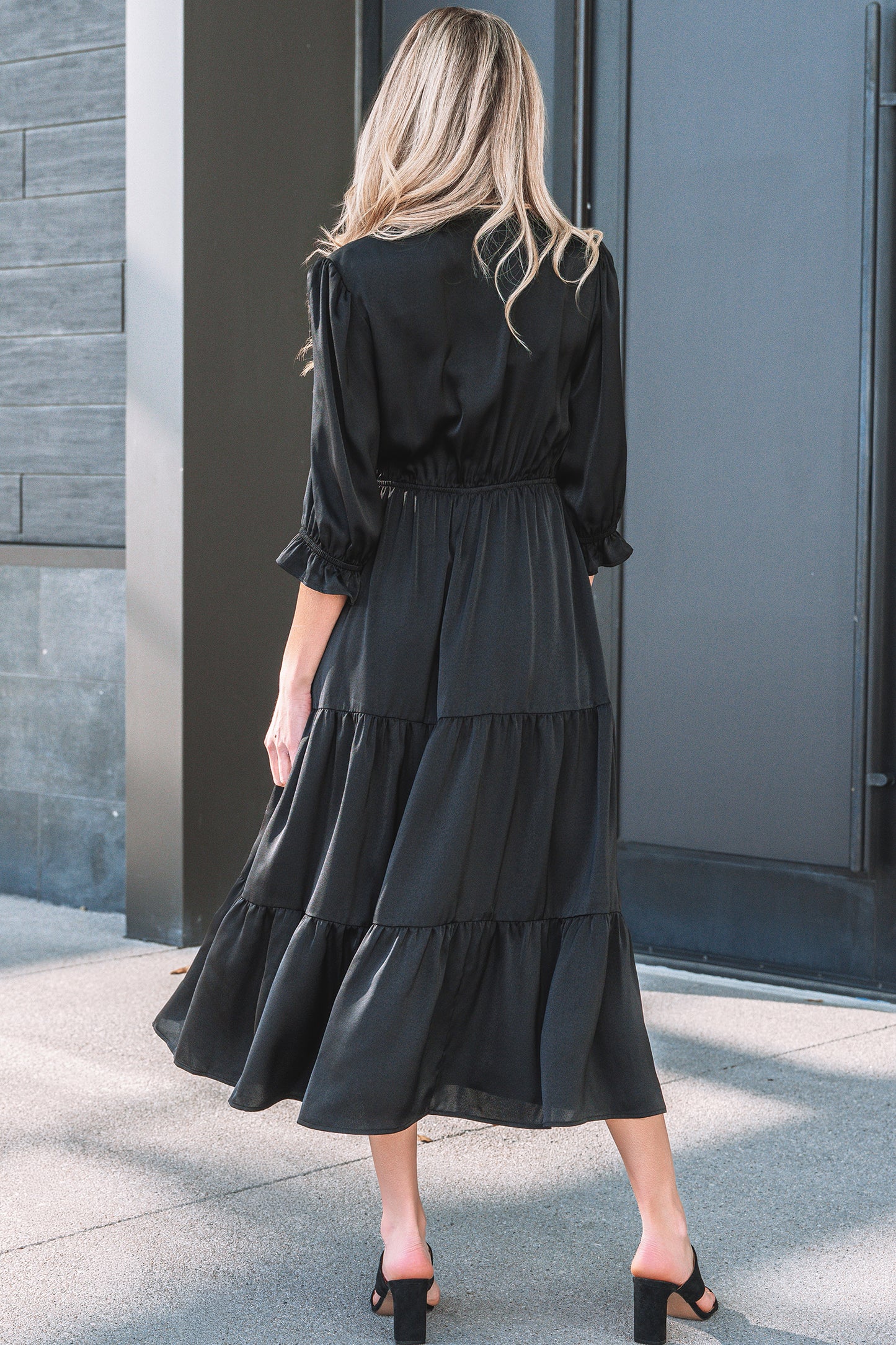 Flounced 3/4 Sleeve Tiered Maxi Dress