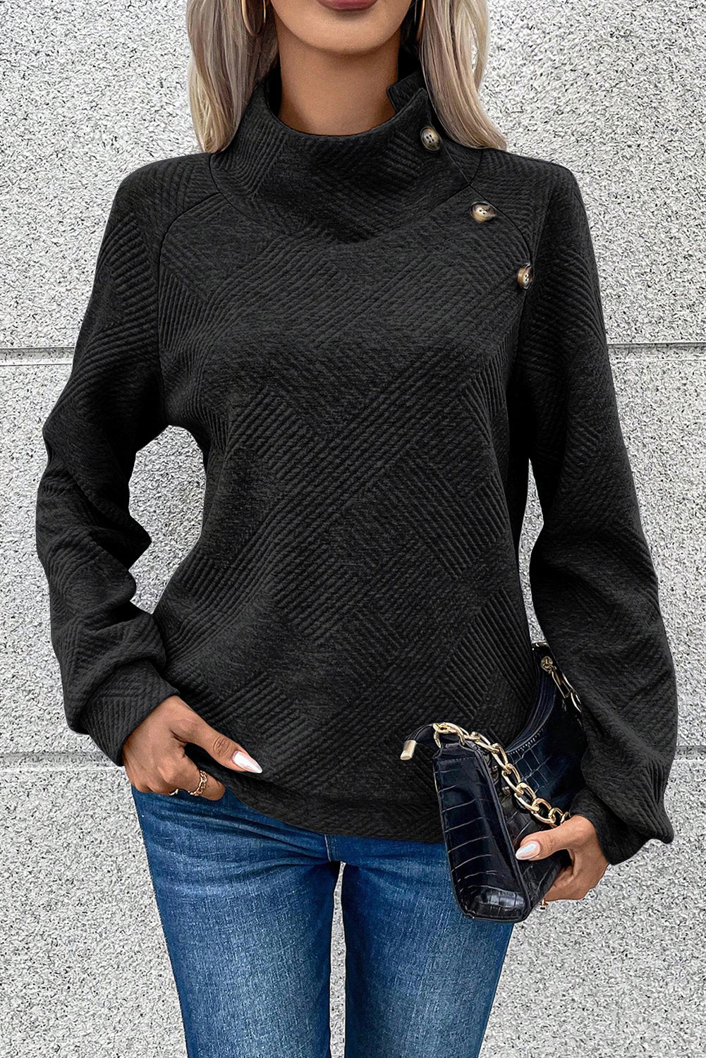 Geometric Textured Buttoned Collar Sweatshirt