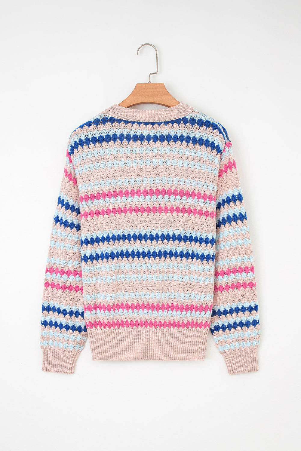 Stripe Eyelet Knit Drop Shoulder Sweater