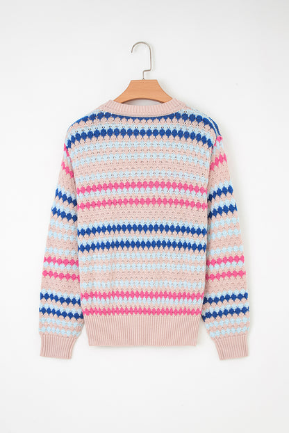 Stripe Eyelet Knit Drop Shoulder Sweater